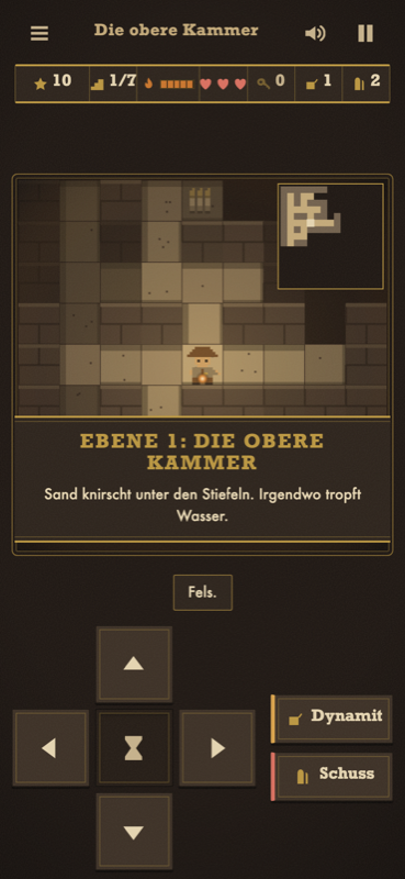 Das Spielfeld auf Ebene 1: die Anzeigenleiste mit Punkten, Ebene, Fackel und Leben, darunter das Labyrinth im Lichtkreis der Fackel und das Steuerkreuz.