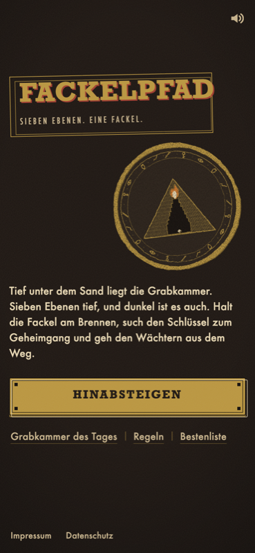 Die Titelseite von FACKELPFAD auf dem iPhone 15: das Etikett mit der Wortmarke, das Siegel als Stempel, der Knopf Hinabsteigen.